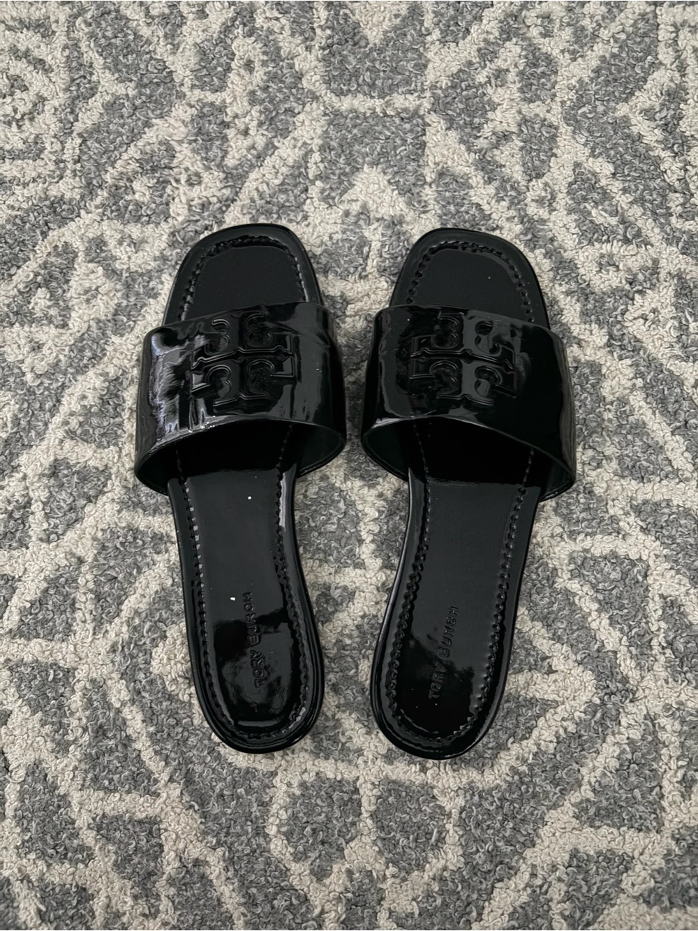 Tory Burch Black Patent Logo Slide Sandals